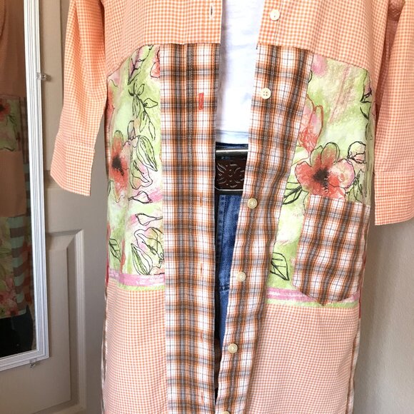Patchwork Duster, Size L: Upcycled Boho Button-Down Dress, Orange Gingham - Picture 12 of 14